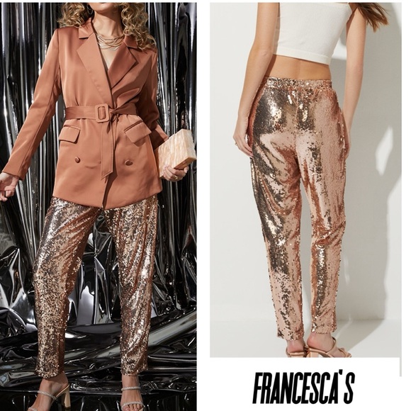 New Francesca’s Jennifer High Rise Gold Sequins Joggers - Picture 1 of 6